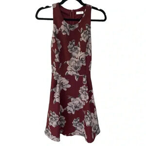 Lush Burgundy Floral Skater Sleeveless Dress Flare Skirt